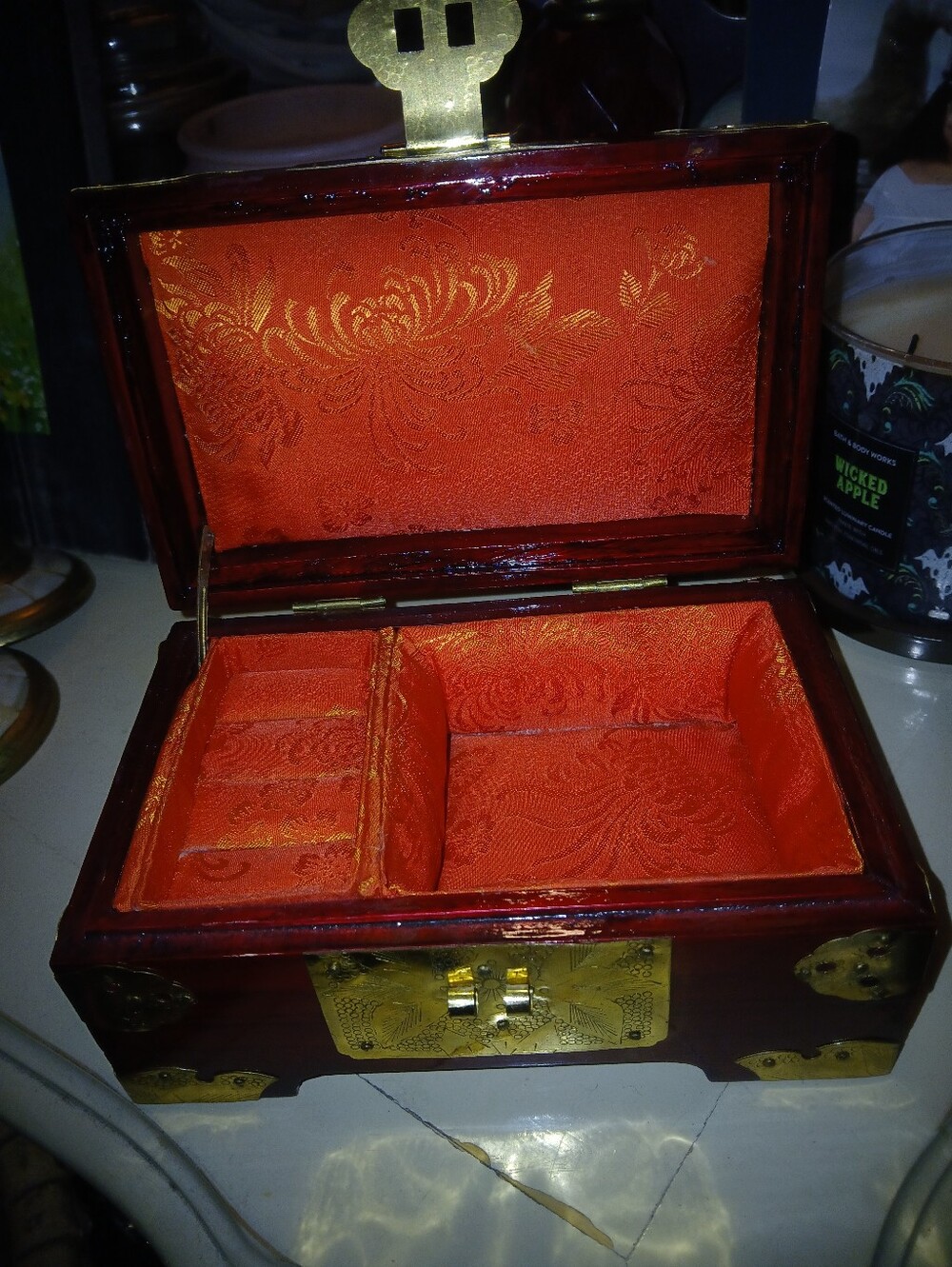 Vintage Chinese Wood Brass Jewelry Box Carved Jade Stone Handmade